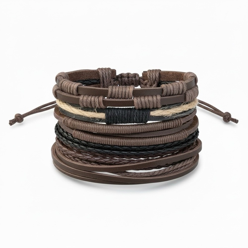 Men's Brown Black Multi Strand Bracelet Braided Cord Adjustable Boho Unbranded
